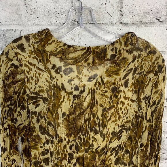 Vintage Y2K Sheer Leopard Print Flare Sleeve Ruffle V-Neck Blouse - Picture 7 of 12